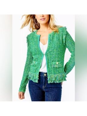 Lilly Pulitzer Green Tweed Fringe Open-Front Jacket